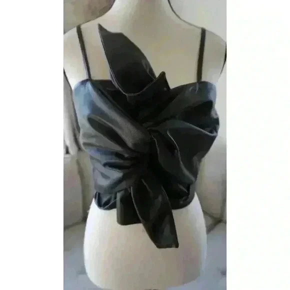 NWT The Drop Women's Black Faux Leather Bow Front Top by Signed Blake, Size S - Picture 10 of 16